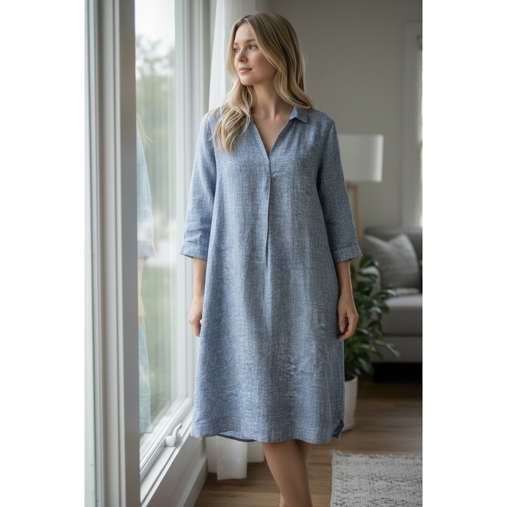 Garnet Hill Linen Shirt Dress Blue‎ Chambray 12 Minimalist Trad Wife Modest midi